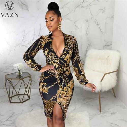 VAZN 2021 Print Deep V-neck Full Sleeve Formal Elegant Mini Dresses Sexy Club Birthday Dress Women Elegant Fashion Female Dress