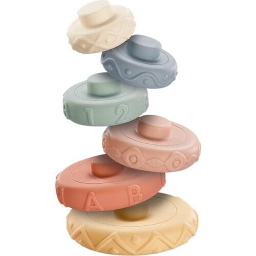 6PCS Baby Toys Sensory Silicone Educational Building Blocks 3D Stacking Babies Rubber Teether Squeeze Circle Toys For Infant