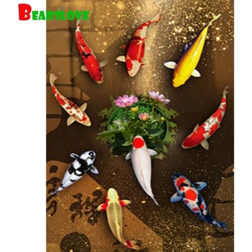 Diamond Embroidery 5D Diamond Painting Koi carp fish nine fish illustration lotus Cross Stitch Diamond Mosaic Full Drill Square