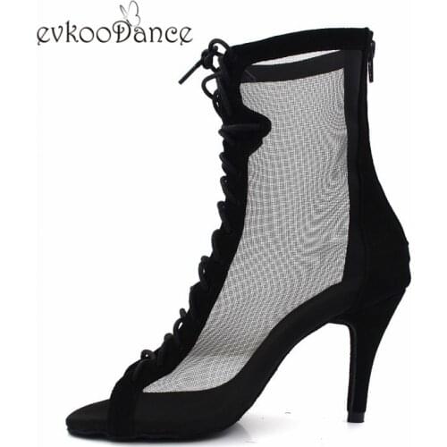 Evkoodance Black Nubuck With Mesh Size US 4-12 Dance Boot High Heel 8.5cm Comfortable Sexy Lady Latin Salsa Dance Shoes Women