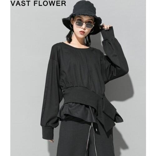Black Irregular Long Sleeve T-shirt Women New O-Neck Patchwork Fashion Loose Casual Tee Shirt Tops Clothes Spring Autumn 2021