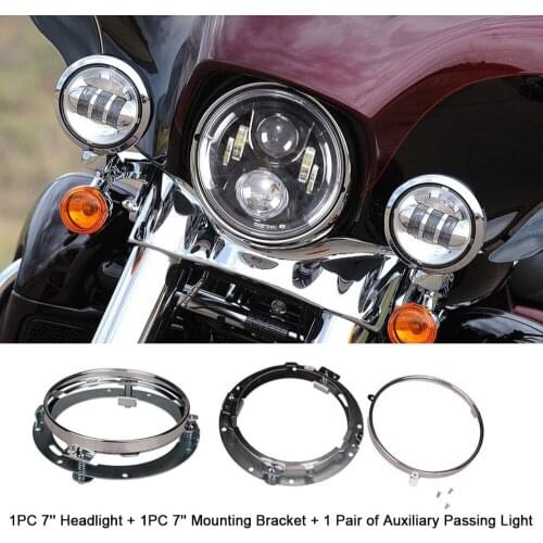 Black 7" LED Headlight + 7 " Round Mounting Bracket + 4.5 inch Auxiliary Fog light For Harley Touring