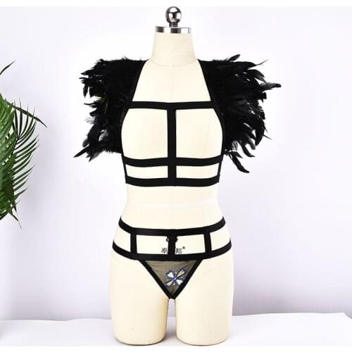 Black Goth Body Harness Belt 90s Punk Feather Halloween Harness Bra And Transparent Mesh G-string Panties Briefs Harness Set