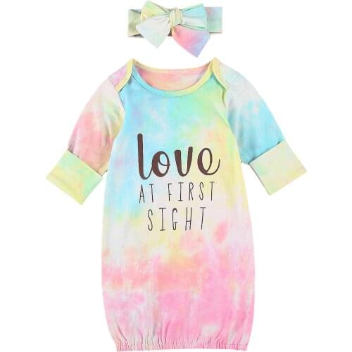 Pudcoco Colorful Long Sleeve Sleeping Bag for 0-6M Newborn Baby Lovely Sleeper Gowns with Big Bowknot Hairband 2Pcs Suits