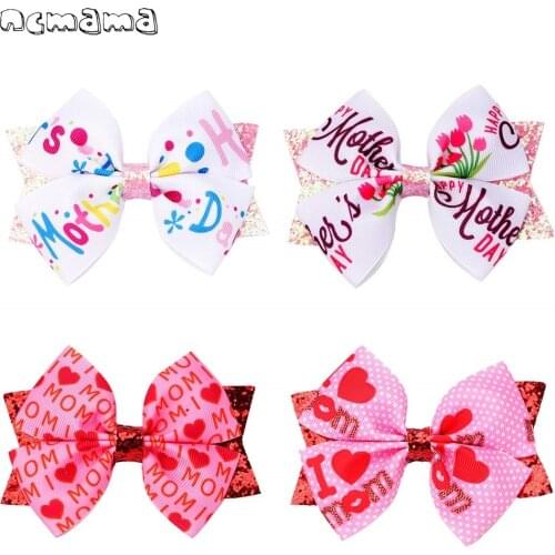 Ncmama 3.5 inch Kids Hair Clips Mothers Day Gift Letter Print Girls Hair Bow Hairclip Festival Hair Accessories Headdress