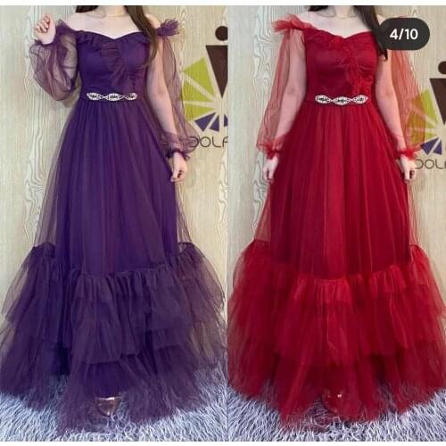 Elegant A-Line Purple Evening Dresses Long Zipper Back Tulle V-Neck Abendkleider Robes de Soirée for Women