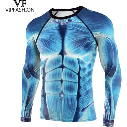 VIP FASHION New Long Sleeve O-Neck Fitness Tees Mens Fashion Casual Sports T-Shirt Muscle 3D Printed Plus Size Workout Slim Top