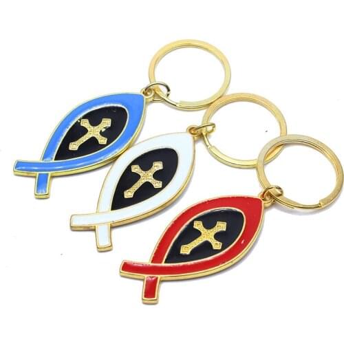 Israel JERUSALEM Fish Shaped Keychain Cross Pendant Keyring Religious Prayer Jewelry Gift for Women Men Car Bag Accessories