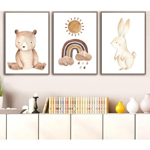 Kindergarten Wall Art Print Canvas Painting Childrens Room Decoration Cartoon Bear Rabbit Moon Sun Nordic Poster Wall Picture