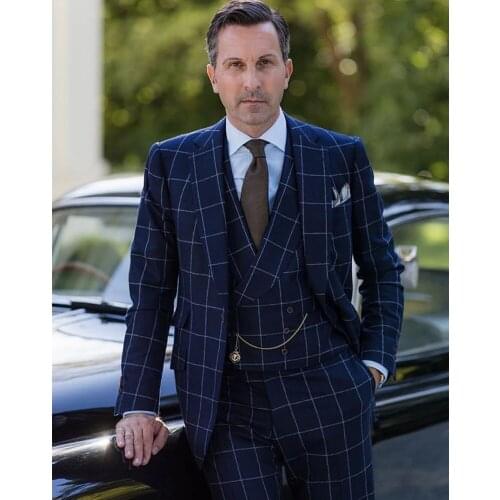 Classic Navy Plaid Check Men Suits Formal Business Prom Party Blazer Masculino (Jacket++Vest+Pants) 3 Pieces Set Smoking Tuxedos