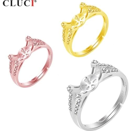 CLUCI Real Silver 925 Cute Rose Gold Ring for Women Adjustable Pearl Ring Mounting Jewelry Women Valentine Day Gift SR2168SB