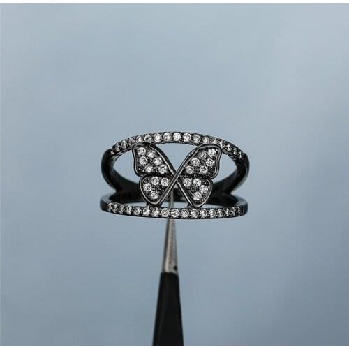 Hip Hop Female White Crystal Stone Ring Charm Black Gold Wedding Rings For Women Cute Butterfly Hollow Big Engagement Ring