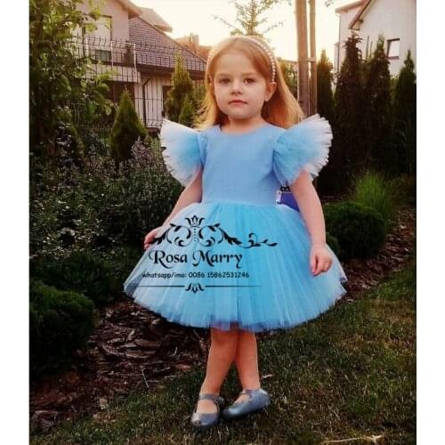 Cute Blue Ball Gown Flower Girls Dresses for Wedding 2021 First Communion Birthday Party Wear For Toddlers Kids