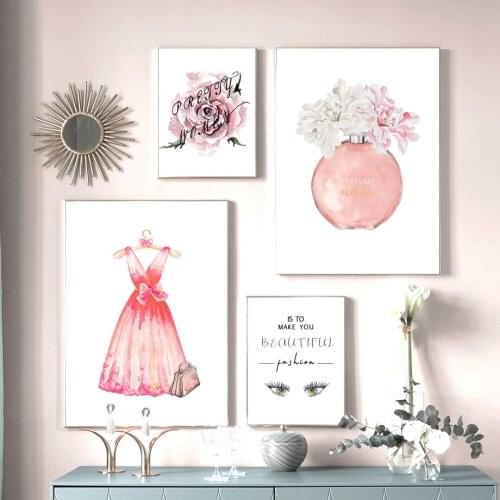 Fashion Wall Art Pink Perfume Flower Poster Nordic Print Dress Canvas Painting Woman Pictures for Living Room Modern Decoration