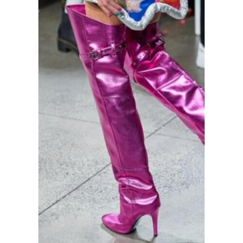 Fashion Buckle Belted Bling Leather Thigh Boots Laides Thin Heel Pointed toe over the Knee Boots Shiny Slouch Boots Shoes