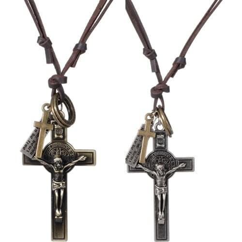 Eif Dock Men Vintage Leather Rope Chain Necklaces Zinc Alloy Cross Jesus Pendant Necklace Best Friend Jewelry Party Gifts