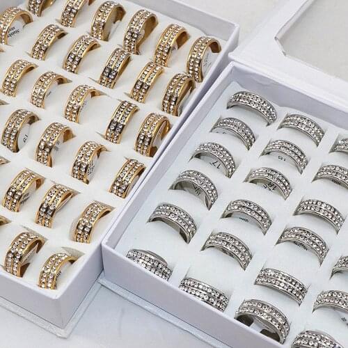 Wholesale 36 Pcs/lot Gold/Silver Double Rhinestone Stainless steel Rings Mens ring polished inside