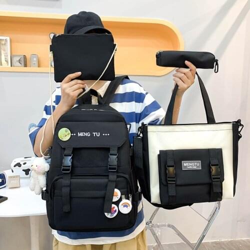 4-piece Set Of Solid Color Fashion Womens Backpack Canvas Bookbags For Teenage Girls Large-capacity Outdoor Travel Bags