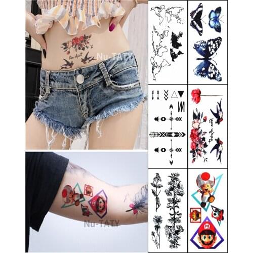 Nu-TATY Waterproof Temporary Sticker Super Mario World Map Butterfly Rose Swallow Body Arm Men Fake Tattoo Stickers