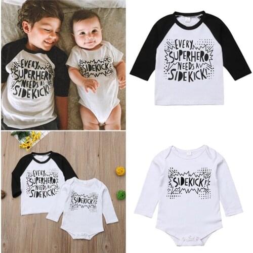 Family Matching Clothes Little Brother Cotton Super Hero Letter T-Shirt Bodysuit Long Sleeve Black White Baby Boys Twin T-shirt