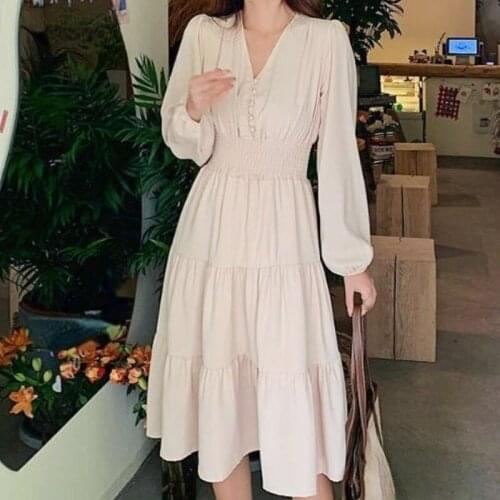 Frence Retro Pure Color Dress Women Causal Long Sleeve Elegant Midi Dress Office Lady One Piece Dress Korean Fashion Autumn 2021