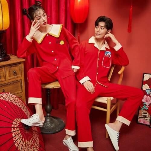 Autumn Cardigan Couple Pajamas Set Cute Doll Collar Red Women Pajamas Long Sleeve Lounge Homewear Oversized New Year Sleepwear