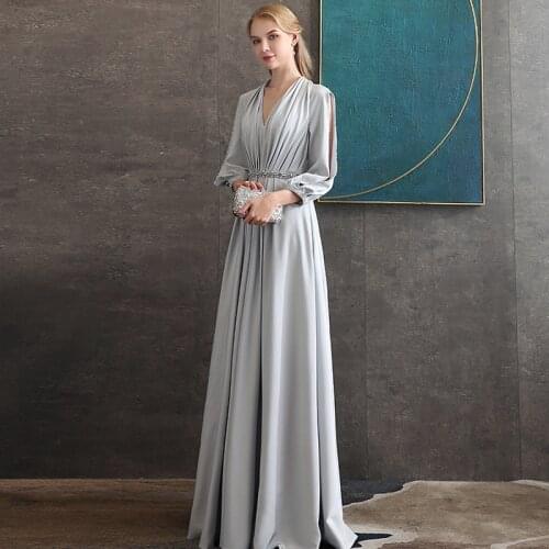 Vintage Soft Satin Evening Dress V-Neck 3/4 Long Sleeve A-Line Prom Dress Sexy Back Party Dress Real Photo Refinement Beaded