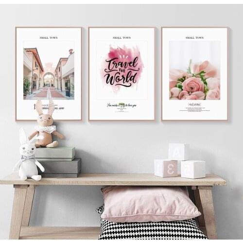 Pink Town Flowers Letters Modern Wall Art PosterNordic Abstract Canvas Painting for Living Room Bedroom Aisle Home Decoration