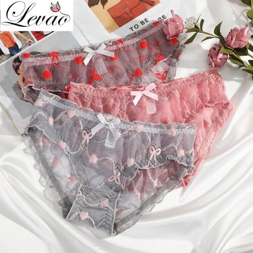 LEVAO Women Sexy Lace Underwear Net Yarn Seamless Panties Ultra-Thin Soft Mesh Transparent Lingerie Bow Heart Embroidery Briefs