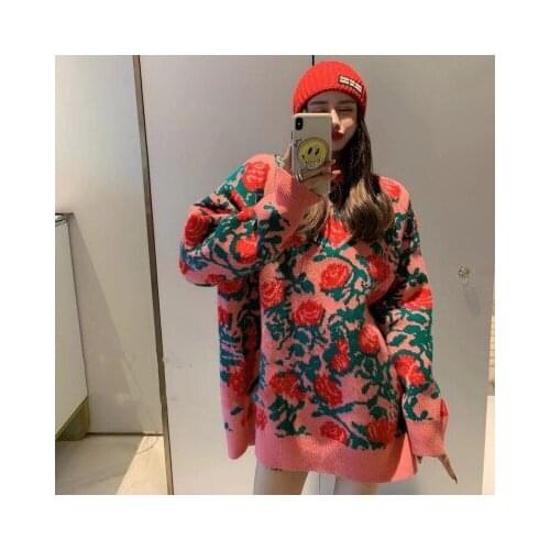 Floral Print Chic Korean Sweet Sweater for Ladies Elegant Sweet All-match Knitwear Vintage Streetwear 2020 New Winter Jumpers