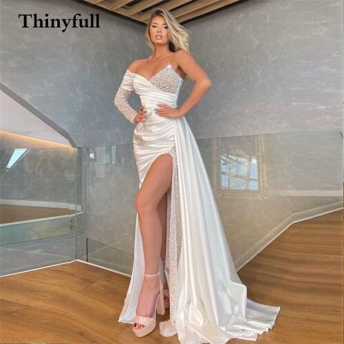 Thinyfull Long Soft Satin Boho One Shoulder Wedding Dresses Spark Sequines Robe de mariee Side Slit Beach Princess Bridal Gowns