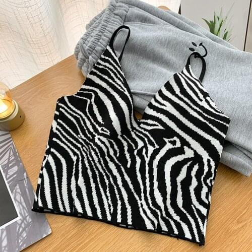 Zebra Pattern Crop Top for Women Knitted Striped Short Tank Tops Cute Girls 2021 Summer Korean Tank Top Black Clothing