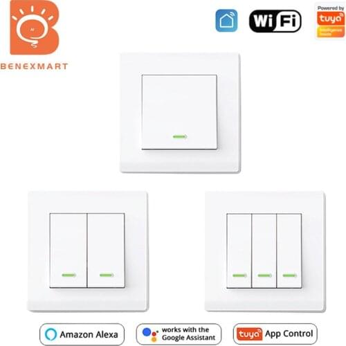 Benexmart Tuya WiFi EU Type Interruptor Smart Wall Light Switch with Push Button Neutral Required Alexa Google Home Control 86mm