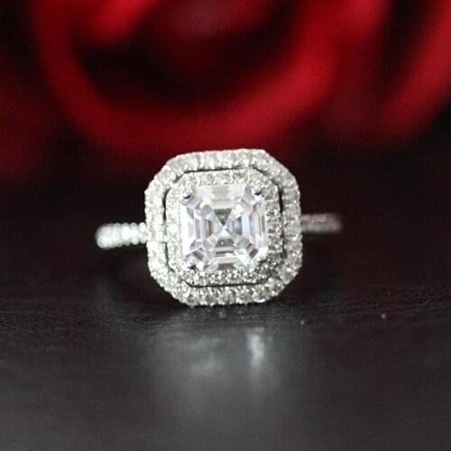 Gorgeous 1.3ct 6.5mm Asscher Cut Moissanite Engagement Ring 14K White Gold Double Halo Wedding Ring For Women