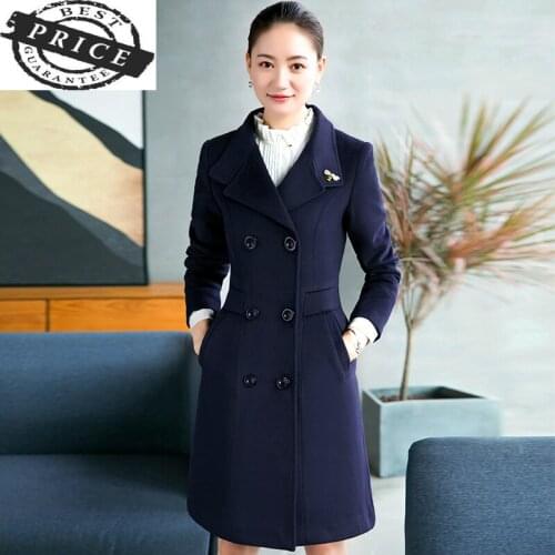 Spring Autumn Elegant Office Ladies Work Clothes 2021 Warm Winter Jacket Women Long Slim Wool Blends Coat Female LWL1506