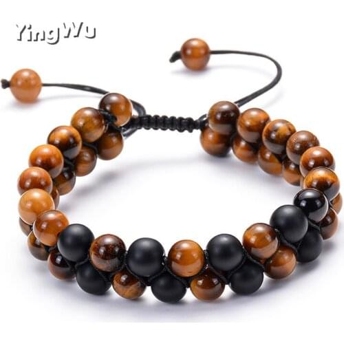 Yingwu Mens Black Matte Tiger Eye Double Row Beaded Bracelet Handwoven Braided Double Layer Adjustable Natural Stone Bracelets