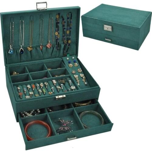 Green Durable Velvet Jewelry Display Box 2 Layers Storage Bracelet Cases Stand Ring Organizer Showcase Necklace Hooker Earrings