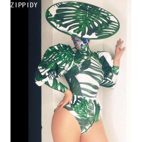 Green Pattern Long Sleeves Tuxedo Bodysuit Hat Women Singer Dancer Show Wear Bar Prom Party Stage Outfit
