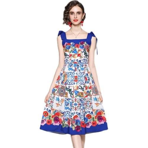 2021 Summer Runway Designer Dress Womens High Quality Sleeveless Print Spaghetti Strap Dress Elegant vestidos