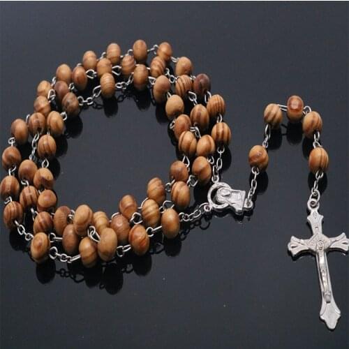 3-color classic wooden beads incense rosary necklace. Saint Benedict Jesus cross necklace. 8 mm