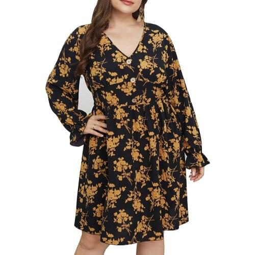 4XL Floral Print Woman Dress Casual V Neck Vintage Plus Size Dresses femme robe Knee-Length Button Ruffle Dress Party vestidos