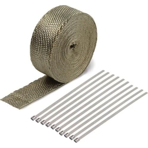 5cm*5M 15M Titanium/Black Exhaust Heat Wrap Roll for Motorcycle Fiberglass Heat Shield Tape with Stainless Ties
