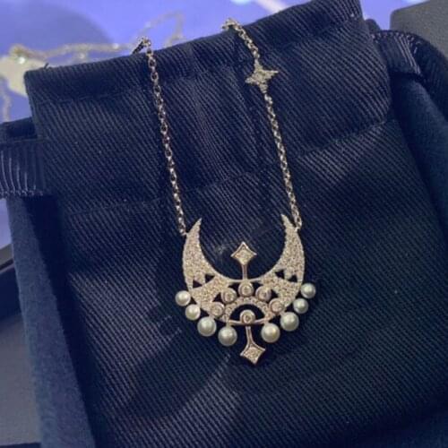 Brand 1:1Fashion Brand Necklace Silver Color Moon Star Pearl Pendant Necklace Micro Zirconia for Women Luxury Party Jewelry