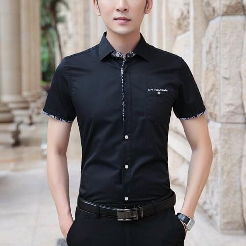 BROWON 2021 Summer Mens Shirt Short Sleeve Solid Color Turn-down Collar Regular Fit White Shirt Dress for Work Clothes