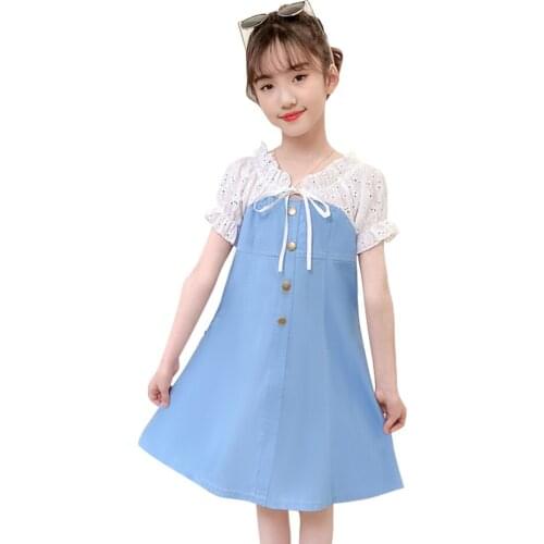 Dresses For Girls Patchwork Denim Dress Girls Summer Kids Dress Casual Style Girls Costumes Kids 6 8 10 12 14