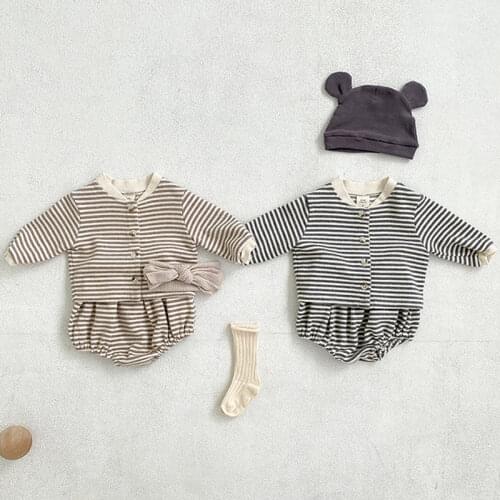 8751 Baby Clothing Set Autumn 2021 Korean Ins Baby Cute Long Sleeve Jacket And Shorts Striped Suit Boys Girls 2 Piece Clothes