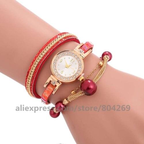 Wholesale Fashion Watch Women Long Leather Watches Chian Beads Analog Quartz Dress Rhinestone Wrap Around Wrist Watches