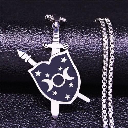 Sword Shield Stainless Steel Necklace Moon Sun Silver Color Necklace Jewelry cadenas mujer N889S05