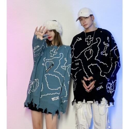 Dropshipping Men Sweater Funny Cartoon Graphic O-Neck Knitted Sweater Casual Harajuku High Street College Style Streetwear Male