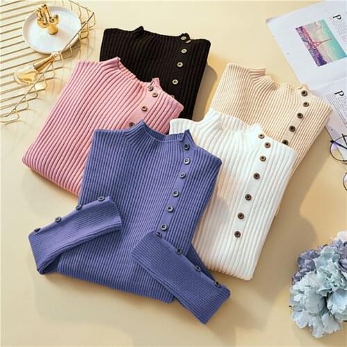 Shintimes Knitted Sweater Button Pullovers Pull Femme High Elastic 2020 Autumn Winter Women Sweater Jumper Pullover Sleeve Long